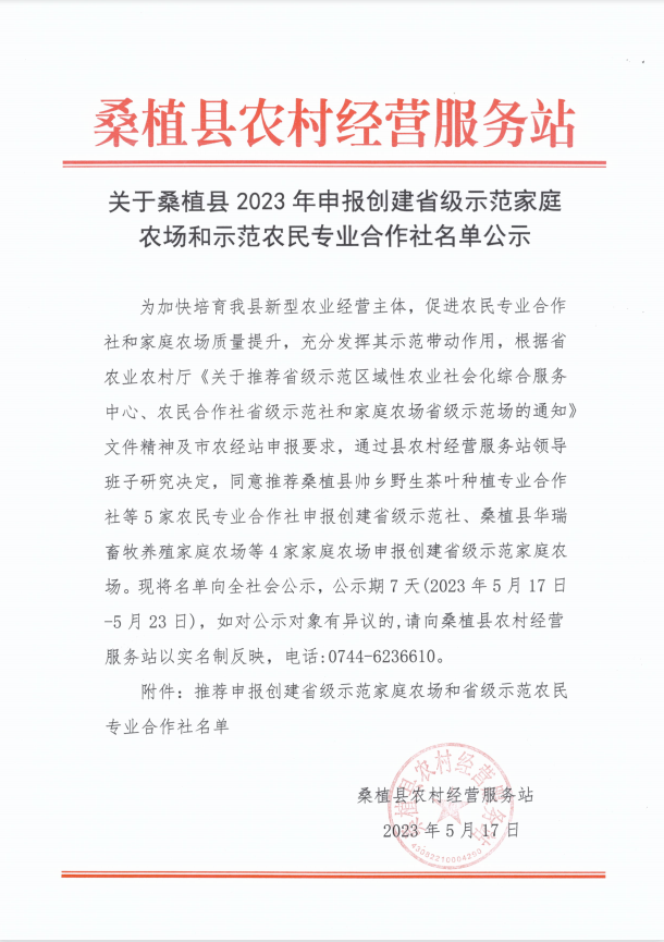 关于桑植县2023年申报创建省级示范家庭农场和示范农民专业合作社名单公示