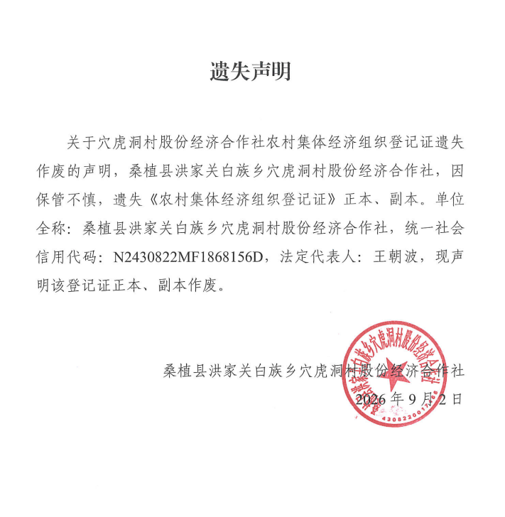 关于洪家关白族乡穴虎洞村股份经济合作社农村集体经济组织登记证遗失作废的声明