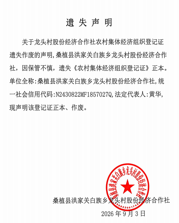 关于洪家关白族乡龙头村股份经济合作社农村集体经济组织登记证遗失作废的声明