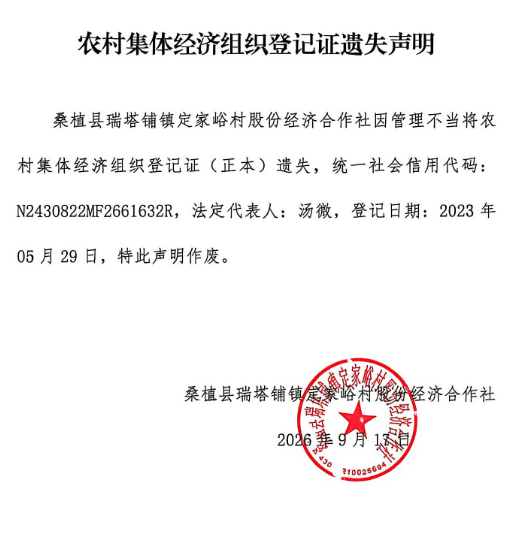 瑞塔铺镇定家峪村股份经济合作社农村集体经济组织登记证遗失声明
